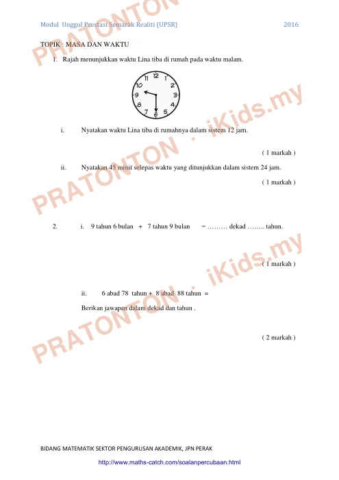 Pratonton muka 28 lembaran Modul Matematik Tahun 6 — Unggul Prestasi Perak 2016 — Matematik Tahun 6