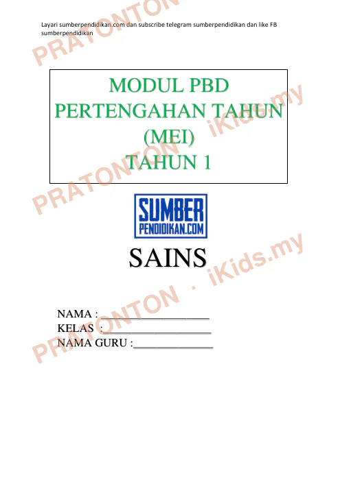 Pratonton muka 1 lembaran MODUL PBD — Sains Tahun 1