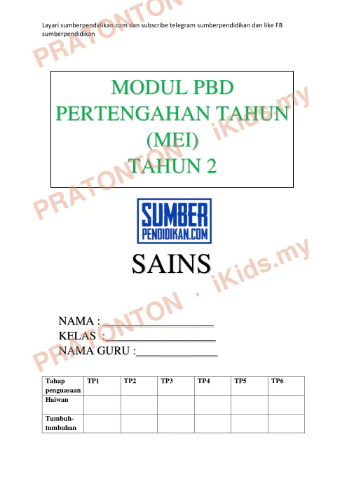 Pratonton muka 1 lembaran MODUL PBD — Sains Tahun 2