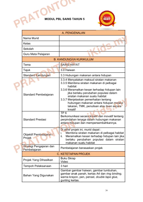 Pratonton muka 45 lembaran Modul PBL Sains Tahun 5 — Sains Tahun 5