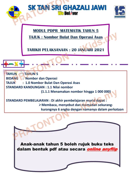 Pratonton muka 1 lembaran Modul PdPR Matematik Tahun 5 — Nombor Bulat dan Operasi Asas (Siri 1) — Matematik Tahun 5