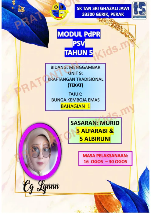 Pratonton muka 1 lembaran Modul PdPR Seni Visual Tahun 5 — Unit 9: Kraftangan Tradisional (Tekat) — Pendidikan Kesenian Tahun 5