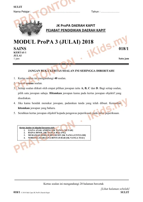 Pratonton muka 1 lembaran Modul ProPA 3 Julai 2018 Daerah Kapit — Sains Bahagian A — Sains Tahun 6