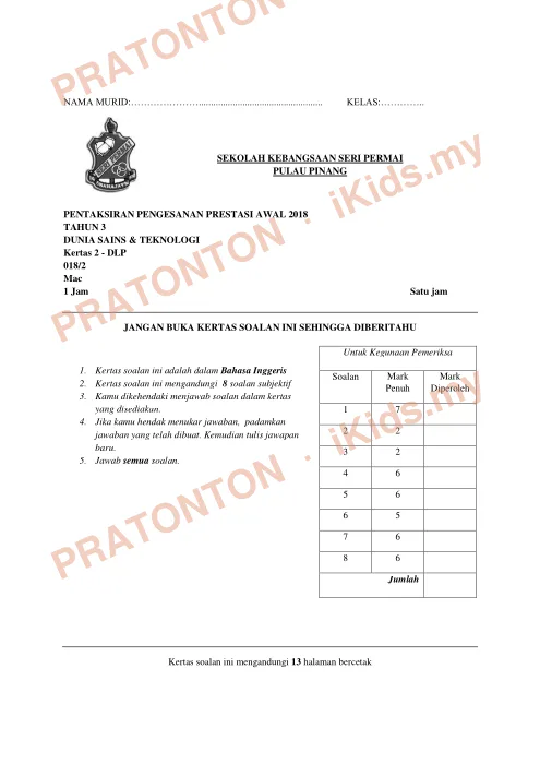 Pratonton muka 1 lembaran Modul Sains 8 — Sains Tahun 3