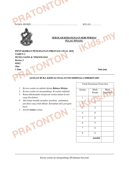 Pratonton muka 1 lembaran Modul Sains 7 — Sains Tahun 3
