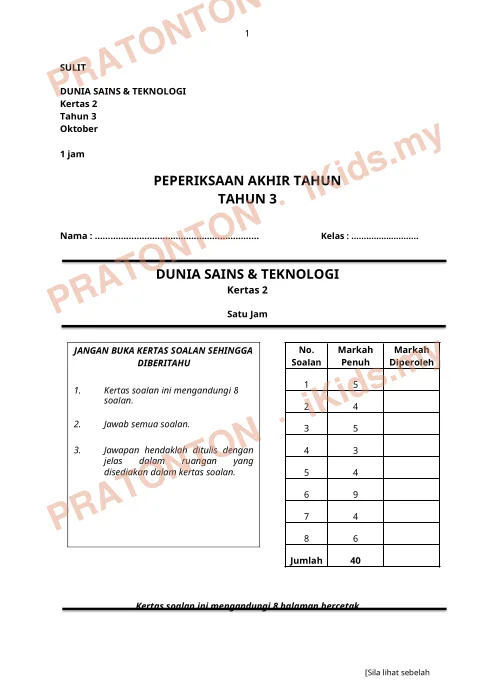 Pratonton muka 1 lembaran Modul Sains 2 — Sains Tahun 3