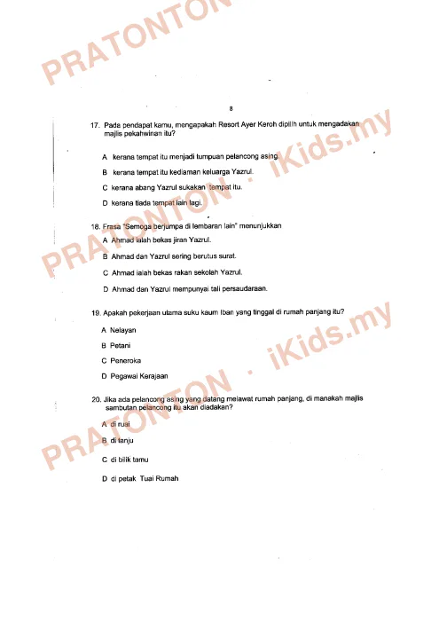 Pratonton muka 8 lembaran Modul Simulasi UPSR Johor 2018 — Bahasa Melayu Pemahaman (Set 1) — Bahasa Melayu Tahun 6