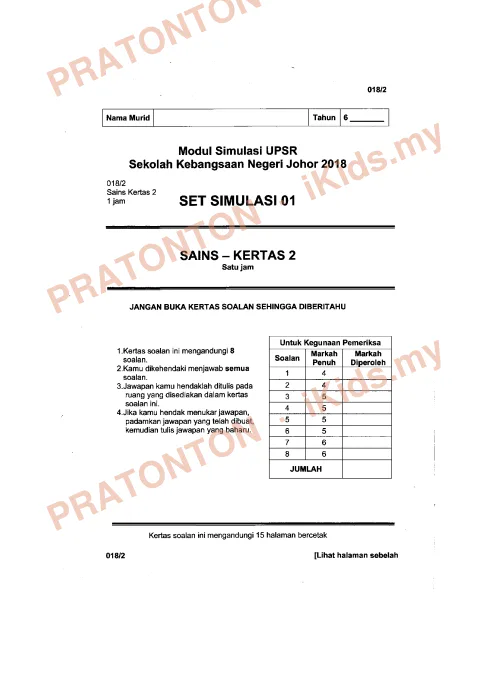 Pratonton muka 1 lembaran Modul Simulasi UPSR Johor 2018 — Sains Kertas 2 (Set 1) — Sains Tahun 6