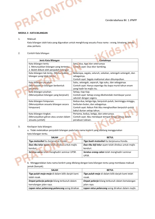 Pratonton muka 1 lembaran Modul Tatabahasa 3 — Kata Bilangan (Cenderabahasa JPN Pulau Pinang) — Bahasa Melayu Tahun 6