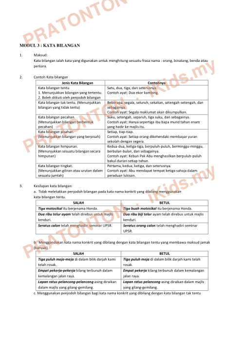Pratonton muka 1 lembaran Modul Tatabahasa 3 — Kata Bilangan — Bahasa Melayu Tahun 6