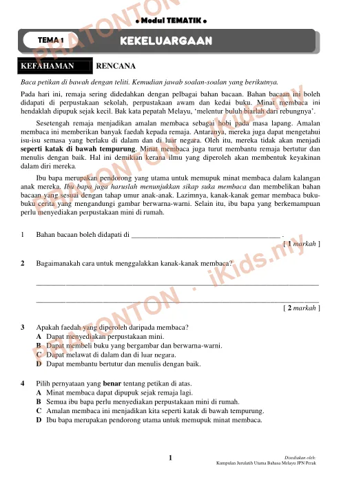 Pratonton muka 1 lembaran Modul Tematik Bahasa Melayu Pemahaman — Naskhah Lengkap — Bahasa Melayu Tahun 6