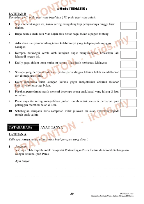 Pratonton muka 30 lembaran Modul Tematik Bahasa Melayu Pemahaman — Naskhah Lengkap — Bahasa Melayu Tahun 6