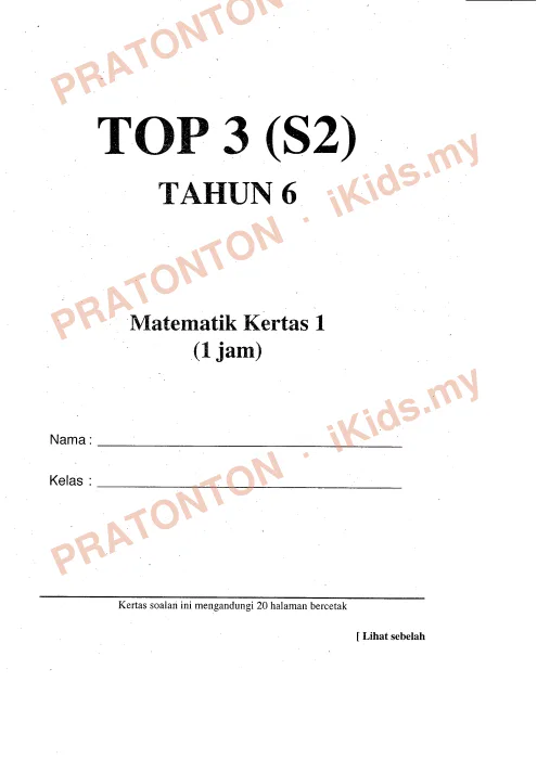 Pratonton muka 1 lembaran Modul TOP 3 (S2) Matematik Tahun 6 — Kertas 1 — Matematik Tahun 6