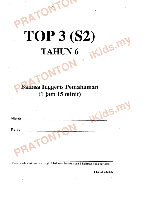 Pratonton muka 1 lembaran Modul TOP 3 (S2) Tahun 6 — Bahasa Inggeris Pemahaman — Bahasa Inggeris Tahun 6