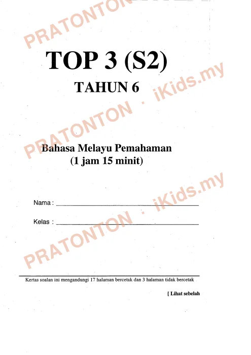 Pratonton muka 1 lembaran Modul TOP 3 (S2) Tahun 6 — Bahasa Melayu Pemahaman — Bahasa Melayu Tahun 6
