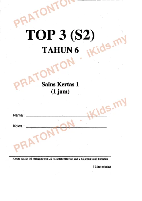 Pratonton muka 1 lembaran Modul TOP 3 (S2) Tahun 6 — Sains Kertas 1 — Sains Tahun 6