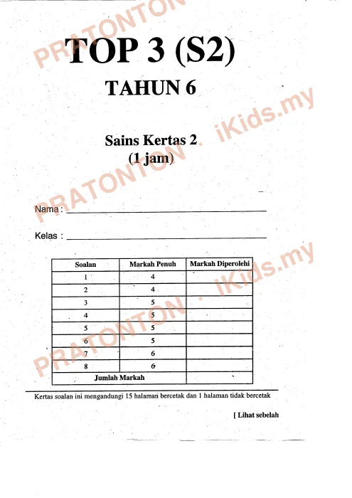 Pratonton muka 1 lembaran Modul TOP 3 (S2) Tahun 6 — Sains Kertas 2 — Sains Tahun 6