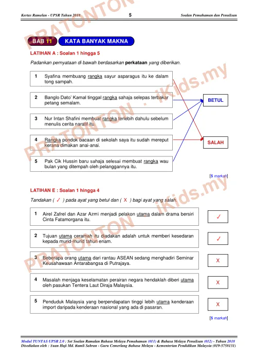 Pratonton muka 5 lembaran Modul Tuntas UPSR 2018 — Naskhah Guru dengan Skema (Sedutan) — Bahasa Melayu Tahun 6