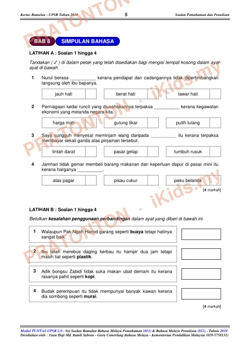 Pratonton muka 5 lembaran Modul Tuntas UPSR 2018 — Naskhah Murid (Sedutan) — Bahasa Melayu Tahun 6