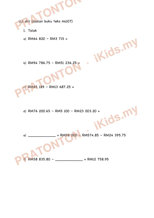 Pratonton muka 2 lembaran Latihan Wang — Matematik Tahun 4