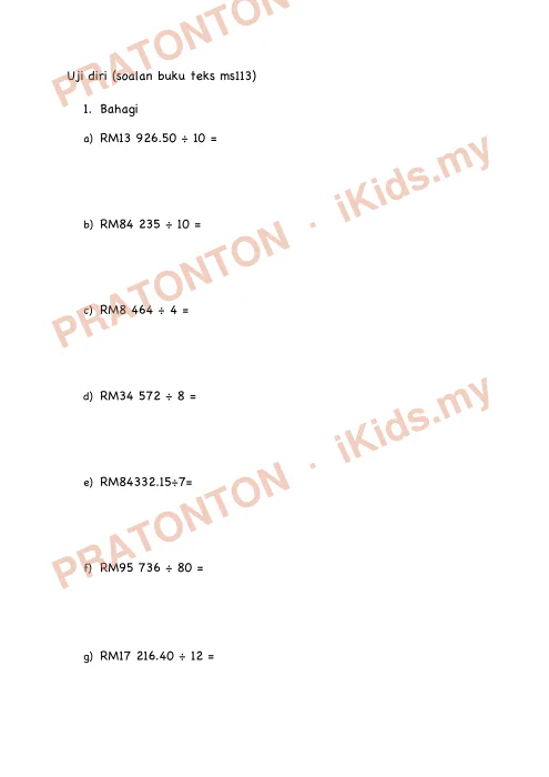 Pratonton muka 2 lembaran Latihan Wang — Matematik Tahun 4