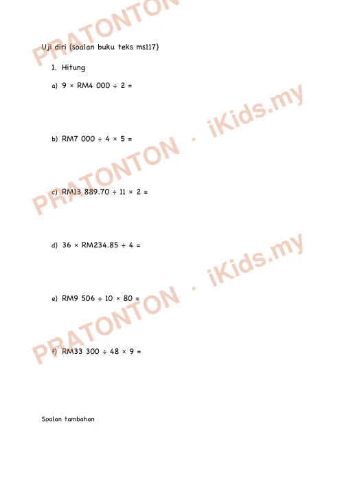 Pratonton muka 2 lembaran Latihan Wang — Matematik Tahun 4