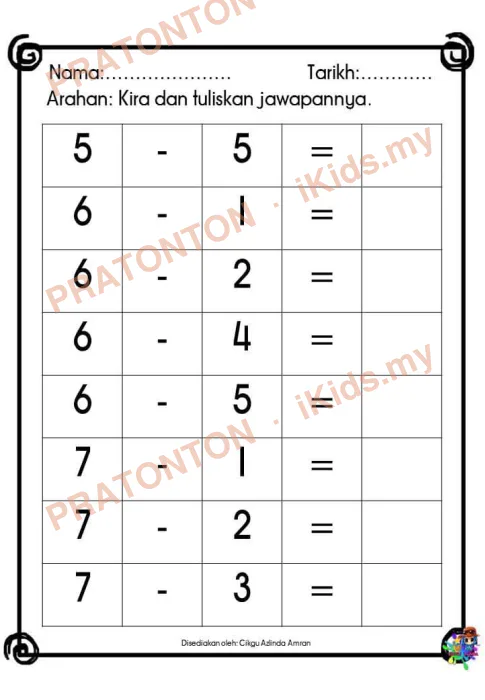 Pratonton muka 8 lembaran Lembaran Kerja Operasi Tolak — Matematik Tahun 1