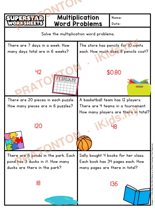 Pratonton muka 2 lembaran MultiplicationWordProblemsGrade4. — Matematik Tahun 4