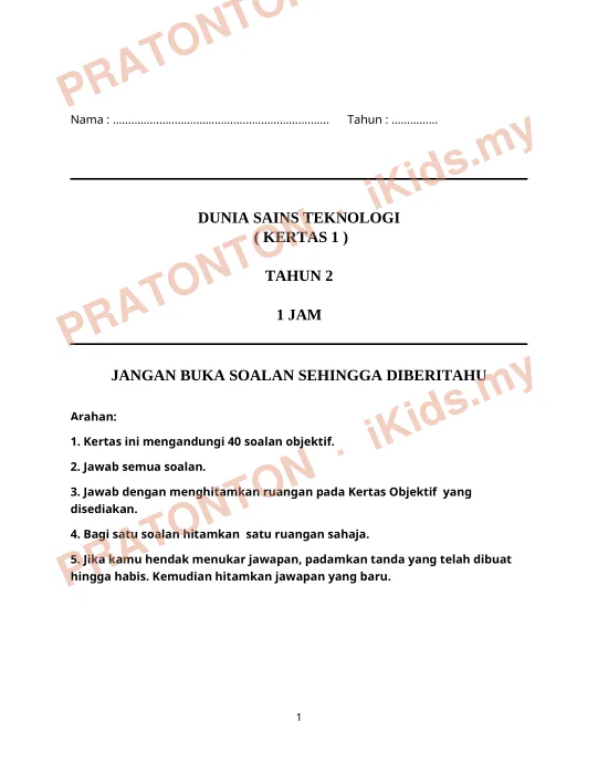 Pratonton muka 1 lembaran Nama : ……………………………………………………………. — Sains Tahun 2