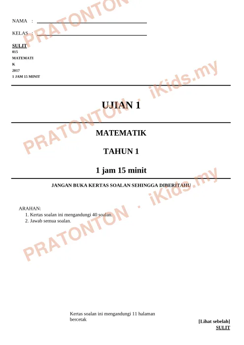 Pratonton muka 1 lembaran NAMA : — Matematik Tahun 1