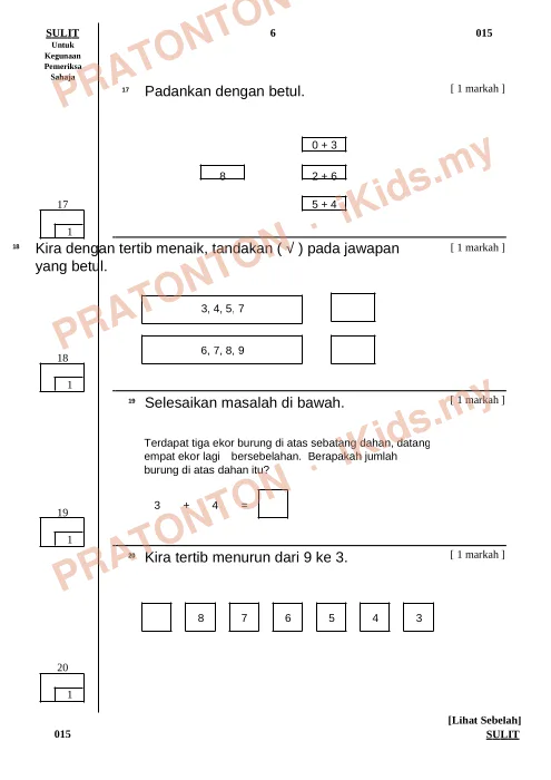 Pratonton muka 7 lembaran NAMA : — Matematik Tahun 1