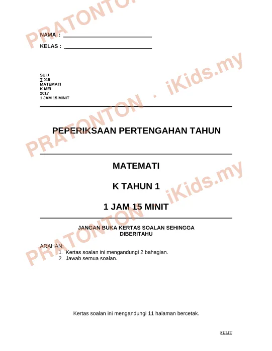Pratonton muka 1 lembaran NAMA : — Matematik Tahun 1