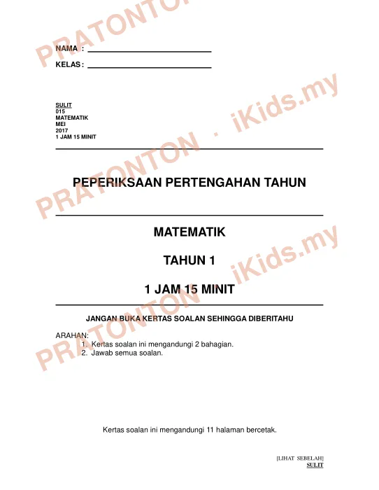 Pratonton muka 1 lembaran NAMA : — Matematik Tahun 1