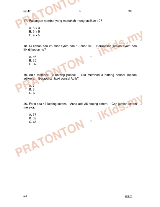 Pratonton muka 6 lembaran NAMA : — Matematik Tahun 1