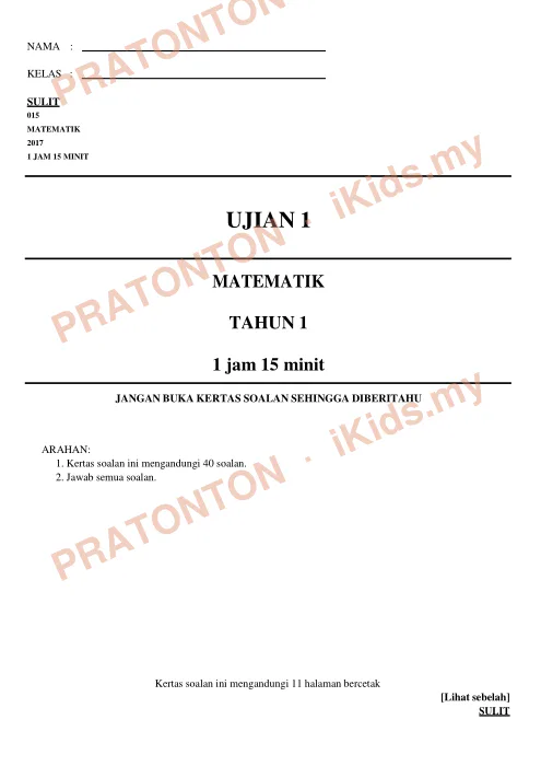 Pratonton muka 1 lembaran NAMA : — Matematik Tahun 1