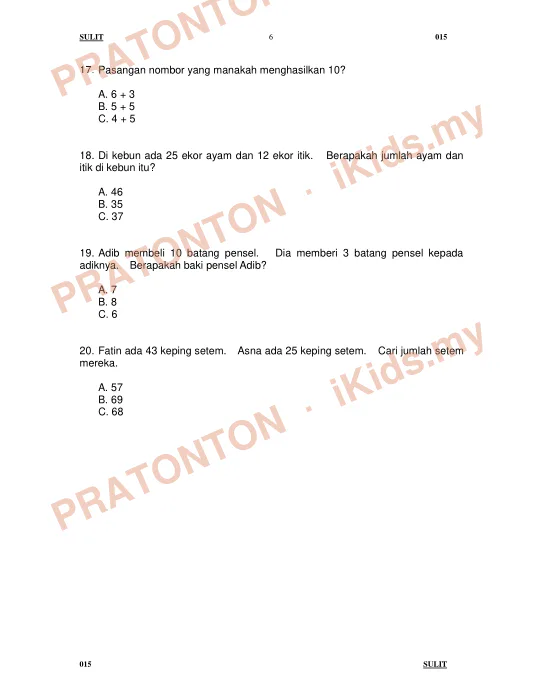 Pratonton muka 6 lembaran NAMA : — Matematik Tahun 1
