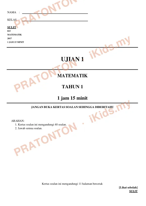 Pratonton muka 1 lembaran NAMA : — Matematik Tahun 1