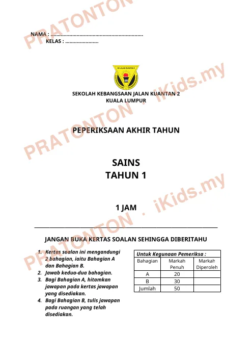 Pratonton muka 1 lembaran NAMA : ................................................................ — Sains Tahun 1