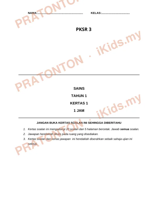 Pratonton muka 1 lembaran NAMA:.......................................................... — Sains Tahun 1