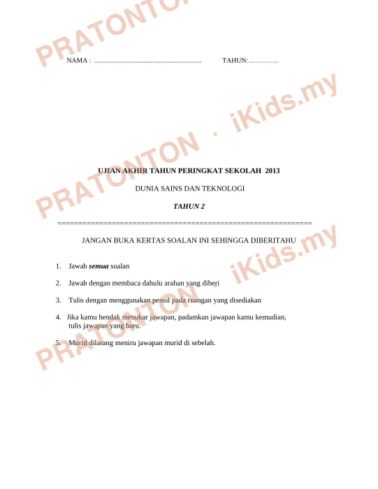 Pratonton muka 1 lembaran NAMA : ............................................................... — Sains Tahun 2