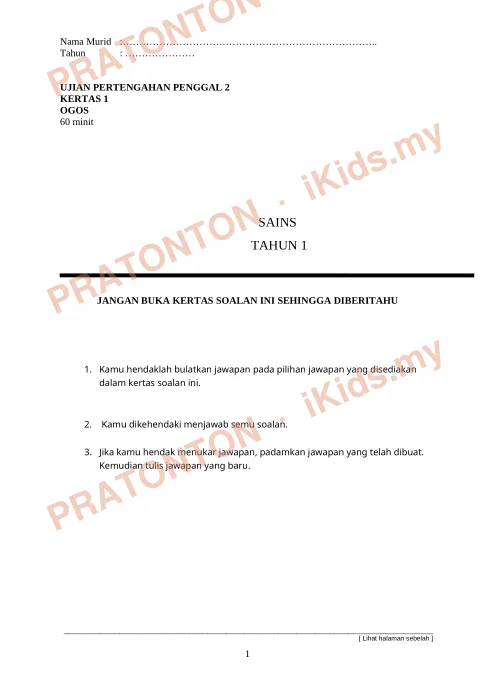 Pratonton muka 1 lembaran Nama Murid :………………………………………………………………….. — Sains Tahun 1