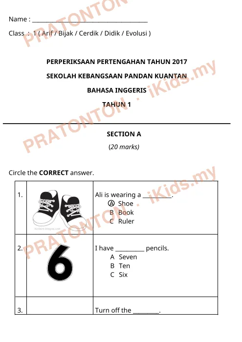 Pratonton muka 1 lembaran Name : ________________________________________ — Bahasa Inggeris Tahun 1