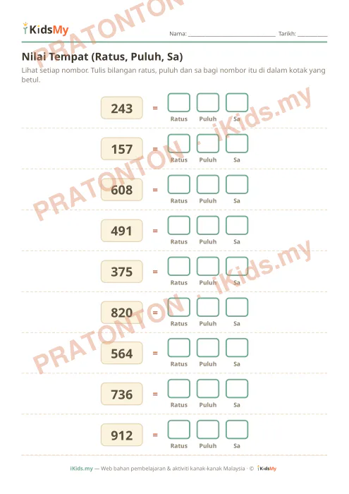 Pratonton muka 1 lembaran Nilai Tempat (Ratus, Puluh, Sa) — Matematik Tahun 2