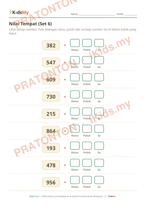 Pratonton muka 1 lembaran Nilai Tempat (Set 6) — Matematik Tahun 3