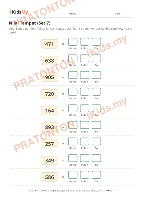 Pratonton muka 1 lembaran Nilai Tempat (Set 7) — Matematik Tahun 3