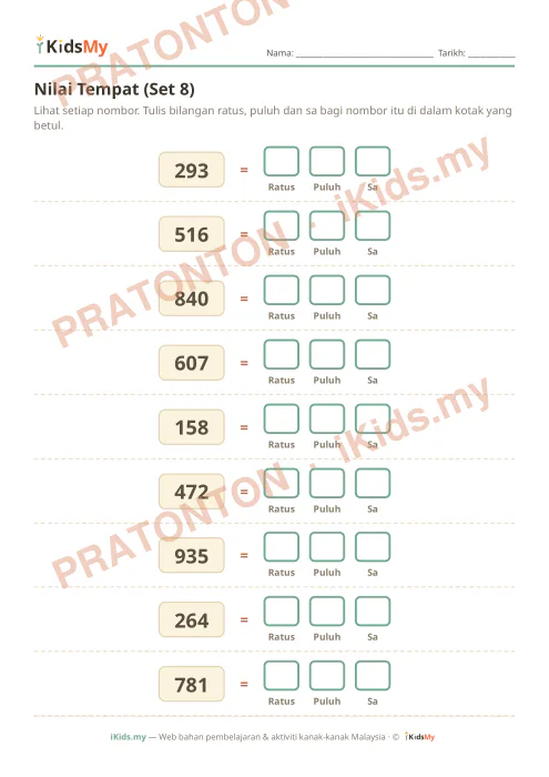 Pratonton muka 1 lembaran Nilai Tempat (Set 8) — Matematik Tahun 3
