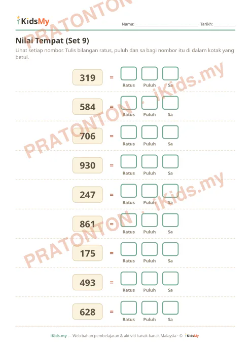Pratonton muka 1 lembaran Nilai Tempat (Set 9) — Matematik Tahun 3