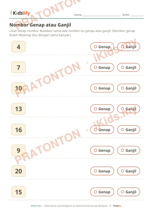 Pratonton muka 1 lembaran Nombor Genap atau Ganjil — Matematik Tahun 1
