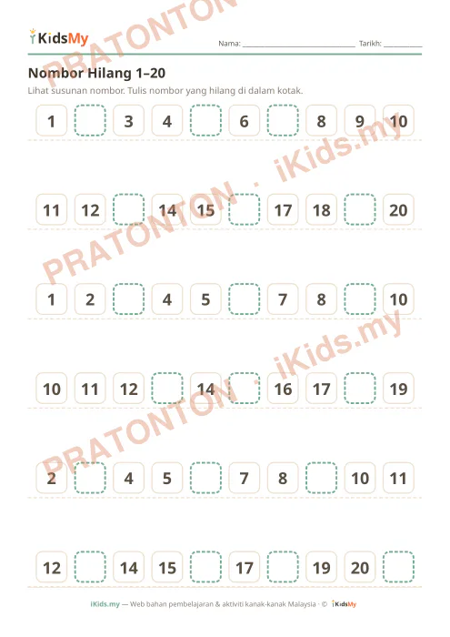 Pratonton muka 1 lembaran Nombor Hilang 1–20 — Matematik Tahun 1