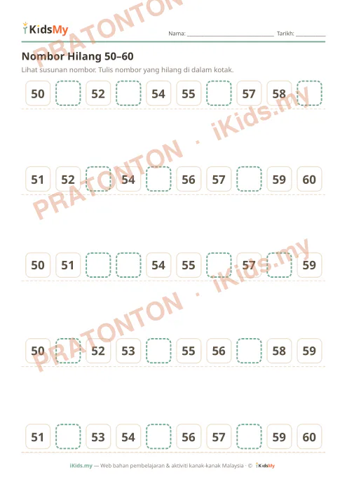 Pratonton muka 1 lembaran Nombor Hilang 50–60 — Matematik Tahun 1